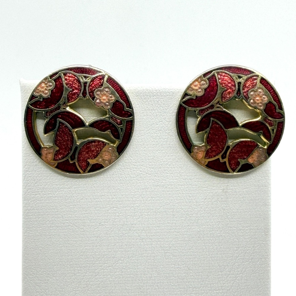 Red Enamel Floral Circle Clip-On Earrings Romantic Statement Jewelry Gift Idea